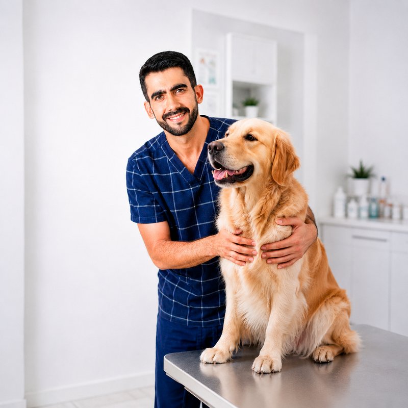 Dr. Lucas no atendimento veterinário com Golden Retriever
